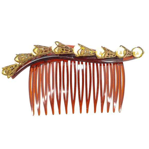 Vintage Goody Faux Tortoiseshell Hair Comb with Filigree Leaves & Faux Pearls - Picture 1 of 5